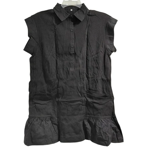 Womens Black Collared Sleeveless Shirt Dress Ruffle Hem Size L - Picture 1 of 13